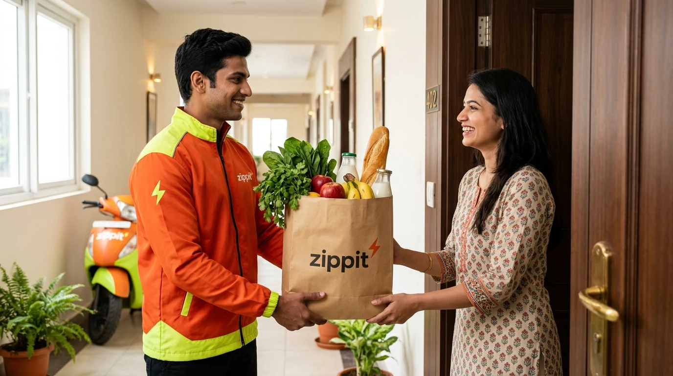 A Zippit runner handing a sealed bag of groceries from neighbourhood shops to a customer at the doorstep in Bengaluru
