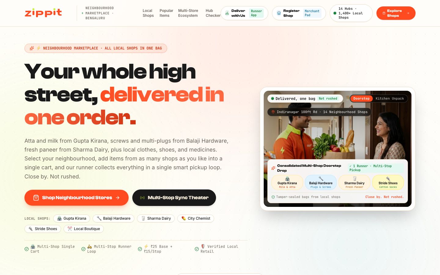 Zippit website hero: 'Your whole high street, delivered in one order' beside a doorstep delivery photo.
